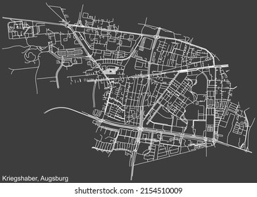 Detailed negative navigation white lines urban street roads map of the KRIEGSHABER BOROUGH of the German regional capital city of Augsburg, Germany on dark gray background