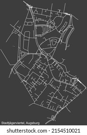 Detailed negative navigation white lines urban street roads map of the STADTJÄGERVIERTEL DISTRICT of the German regional capital city of Augsburg, Germany on dark gray background