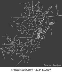 Mapa detallado negativo de líneas blancas de navegación en las calles urbanas del BERGHEIM BOROUGH de la capital regional alemana de Augsburgo, Alemania sobre fondo gris oscuro