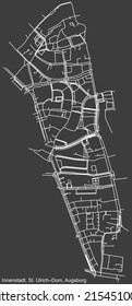 Detailed negative navigation white lines urban street roads map of the INNENSTADT, ST. ULRICH–DOM DISTRICT of the German regional capital city of Augsburg, Germany on dark gray background