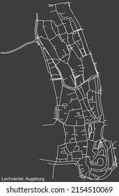 Detailed negative navigation white lines urban street roads map of the LECHVIERTEL DISTRICT of the German regional capital city of Augsburg, Germany on dark gray background