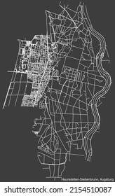 Detailed negative navigation white lines urban street roads map of the HAUNSTETTEN-SIEBENBRUNN BOROUGH of the German regional capital city of Augsburg, Germany on dark gray background