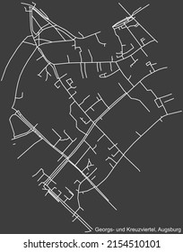 Mapa detallado negativo de líneas blancas de navegación en las calles urbanas del DISTRITO GEORGS-UND KREUZVIERTEL de la capital regional alemana de Augsburgo, Alemania sobre fondo gris oscuro