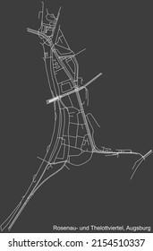 Mapa detallado negativo de líneas blancas de navegación en las calles urbanas del DISTRITO ROSENAU-UND THELOTTVIERTEL de la capital regional alemana de Augsburgo, Alemania sobre fondo gris oscuro