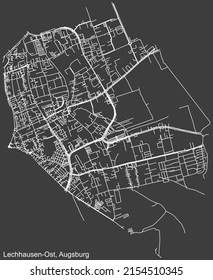 Detailed negative navigation white lines urban street roads map of the LECHHAUSEN-OST DISTRICT of the German regional capital city of Augsburg, Germany on dark gray background