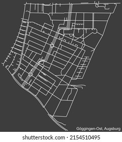 Mapa detallado negativo de las líneas blancas de navegación en las calles urbanas del DISTRITO GÖGGINGEN-OST de la capital regional alemana de Augsburgo, Alemania sobre fondo gris oscuro