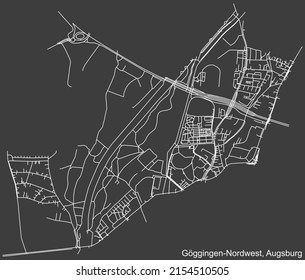 Detailed negative navigation white lines urban street roads map of the GÖGGINGEN-NORDWEST DISTRICT of the German regional capital city of Augsburg, Germany on dark gray background