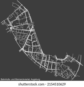 Mapa detallado negativo de las líneas blancas de navegación en las calles urbanas del DISTRITO BISMARCKVIERTEL DE BAHNHOFS-UND de la capital regional alemana de Augsburgo, Alemania sobre fondo gris oscuro