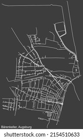 Detailed negative navigation white lines urban street roads map of the BÄRENKELLER BOROUGH of the German regional capital city of Augsburg, Germany on dark gray background