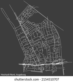 Mapa detallado negativo de líneas blancas de navegación en las calles urbanas del DISTRITO HOCHZOLL-NORD de la capital regional alemana de Augsburgo, Alemania sobre fondo gris oscuro