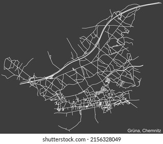 Detailed negative navigation white lines urban street roads map of the GRÜNA DISTRICT of the German regional capital city of Chemnitz, Germany on dark gray background