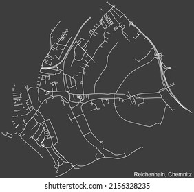 Detailed negative navigation white lines urban street roads map of the REICHENHAIN DISTRICT of the German regional capital city of Chemnitz, Germany on dark gray background