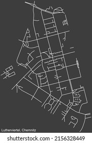 Mapa detallado negativo de líneas blancas de navegación en las calles urbanas del DISTRITO LUTHERVIERTEL de la capital regional alemana de Chemnitz, Alemania sobre fondo gris oscuro
