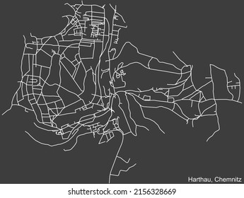 Detailed negative navigation white lines urban street roads map of the HARTHAU DISTRICT of the German regional capital city of Chemnitz, Germany on dark gray background