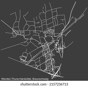 Mapa detallado negativo de las líneas blancas de navegación en las calles urbanas del DISTRITO WENDEN-THUNE-HARXBÜTTEL de la capital regional alemana de Braunschweig, Alemania sobre fondo gris oscuro