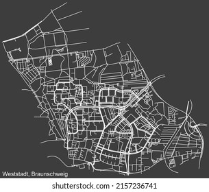 Detailed negative navigation white lines urban street roads map of the WESTSTADT DISTRICT of the German regional capital city of Braunschweig, Germany on dark gray background