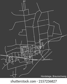 Mapa detallado negativo de las líneas blancas de navegación en las calles urbanas del DISTRITO HONDELAGE de la capital regional alemana de Braunschweig, Alemania sobre fondo gris oscuro