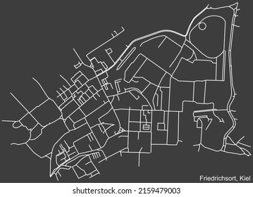 Detailed negative navigation white lines urban street roads map of the FRIEDRICHSORT DISTRICT of the German regional capital city of Kiel, Germany on dark gray background