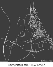Detailed negative navigation white lines urban street roads map of the SCHILKSEE DISTRICT of the German regional capital city of Kiel, Germany on dark gray background