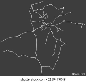 Detailed negative navigation white lines urban street roads map of the RÖNNE DISTRICT of the German regional capital city of Kiel, Germany on dark gray background
