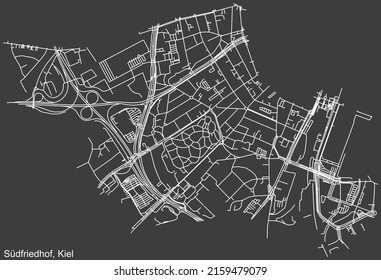 Detailed negative navigation white lines urban street roads map of the SÜDFRIEDHOF DISTRICT of the German regional capital city of Kiel, Germany on dark gray background
