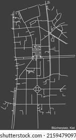 Detailed negative navigation white lines urban street roads map of the BLÜCHERPLATZ DISTRICT of the German regional capital city of Kiel, Germany on dark gray background