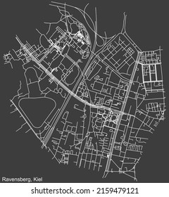 Detailed negative navigation white lines urban street roads map of the RAVENSBERG DISTRICT of the German regional capital city of Kiel, Germany on dark gray background