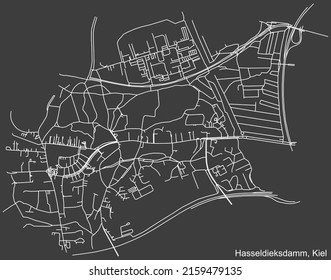 Detailed negative navigation white lines urban street roads map of the HASSELDIEKSDAMM DISTRICT of the German regional capital city of Kiel, Germany on dark gray background