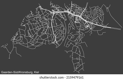 Mapa detallado negativo de las líneas blancas de navegación en las calles urbanas del DISTRITO GAARDEN-SÜD UND KRONSBURG de la capital regional alemana de Kiel, Alemania sobre fondo gris oscuro