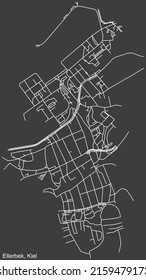 Detailed negative navigation white lines urban street roads map of the ELLERBEK DISTRICT of the German regional capital city of Kiel, Germany on dark gray background