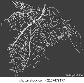 Detailed negative navigation white lines urban street roads map of the WELLINGDORF DISTRICT of the German regional capital city of Kiel, Germany on dark gray background