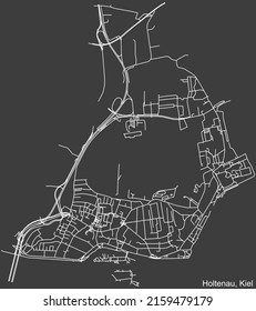 Detailed negative navigation white lines urban street roads map of the HOLTENAU DISTRICT of the German regional capital city of Kiel, Germany on dark gray background