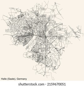 Detailed negative navigation white lines urban street roads map of the German regional capital city of HALLE (SAALE), GERMANY on dark gray background