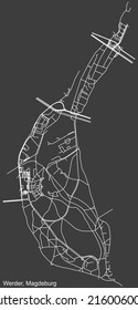 Detailed negative navigation white lines urban street roads map of the WERDER DISTRICT of the German regional capital city of Magdeburg, Germany on dark gray background
