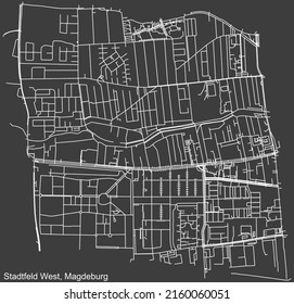 Detailed negative navigation white lines urban street roads map of the STADTFELD WEST DISTRICT of the German regional capital city of Magdeburg, Germany on dark gray background