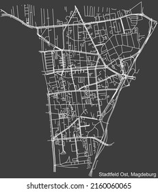 Detailed negative navigation white lines urban street roads map of the STADTFELD OST DISTRICT of the German regional capital city of Magdeburg, Germany on dark gray background