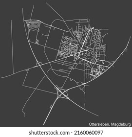 Detailed negative navigation white lines urban street roads map of the OTTERSLEBEN DISTRICT of the German regional capital city of Magdeburg, Germany on dark gray background