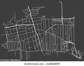 Detailed negative navigation white lines urban street roads map of the NORDWEST DISTRICT of the German regional capital city of Magdeburg, Germany on dark gray background