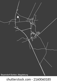 Detailed negative navigation white lines urban street roads map of the BEYENDORF-SOHLEN DISTRICT of the German regional capital city of Magdeburg, Germany on dark gray background