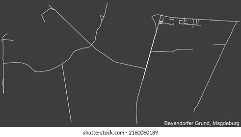 Detaillierte Karte der BEYENDORFER GRUND DISTRICT der deutschen Landeshauptstadt Magdeburg auf dunkelgrauem Hintergrund mit Negativnavigationslinien für Stadtstraßen