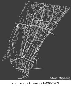 Detailed negative navigation white lines urban street roads map of the ALTSTADT DISTRICT of the German regional capital city of Magdeburg, Germany on dark gray background