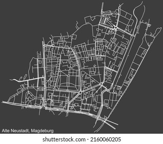 Detailed negative navigation white lines urban street roads map of the ALTE NEUSTADT DISTRICT of the German regional capital city of Magdeburg, Germany on dark gray background