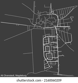 Detailed negative navigation white lines urban street roads map of the ALT OLVENSTEDT DISTRICT of the German regional capital city of Magdeburg, Germany on dark gray background