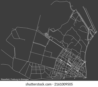 Detailed negative navigation white lines urban street roads map of the RIESELFELD DISTRICT of the German regional capital city of Freiburg im Breisgau, Germany on dark gray background