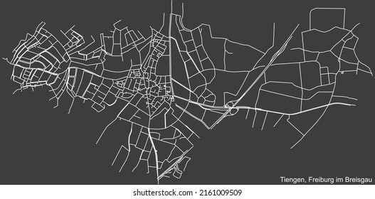 Detailed negative navigation white lines urban street roads map of the TIENGEN DISTRICT of the German regional capital city of Freiburg im Breisgau, Germany on dark gray background