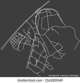 Detailed negative navigation white lines urban street roads map of the MUNDENHOF DISTRICT of the German regional capital city of Freiburg im Breisgau, Germany on dark gray background