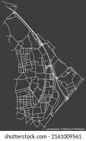 Detailed negative navigation white lines urban street roads map of the LANDWASSER DISTRICT of the German regional capital city of Freiburg im Breisgau, Germany on dark gray background