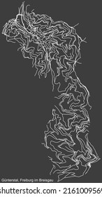 Detailed negative navigation white lines urban street roads map of the GÜNTERSTAL DISTRICT of the German regional capital city of Freiburg im Breisgau, Germany on dark gray background