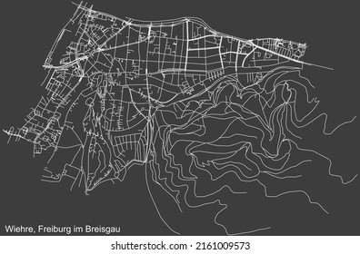 Detailed negative navigation white lines urban street roads map of the WIEHRE DISTRICT of the German regional capital city of Freiburg im Breisgau, Germany on dark gray background