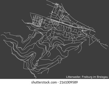 Detailed negative navigation white lines urban street roads map of the LITTENWEILER DISTRICT of the German regional capital city of Freiburg im Breisgau, Germany on dark gray background